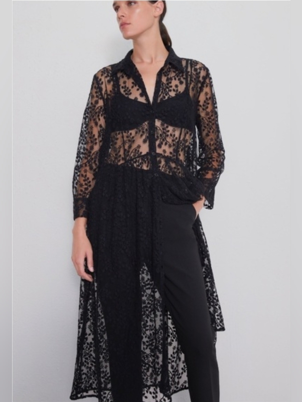 ZARA Black Lace Maxi Shirt Dress. XL – NWT